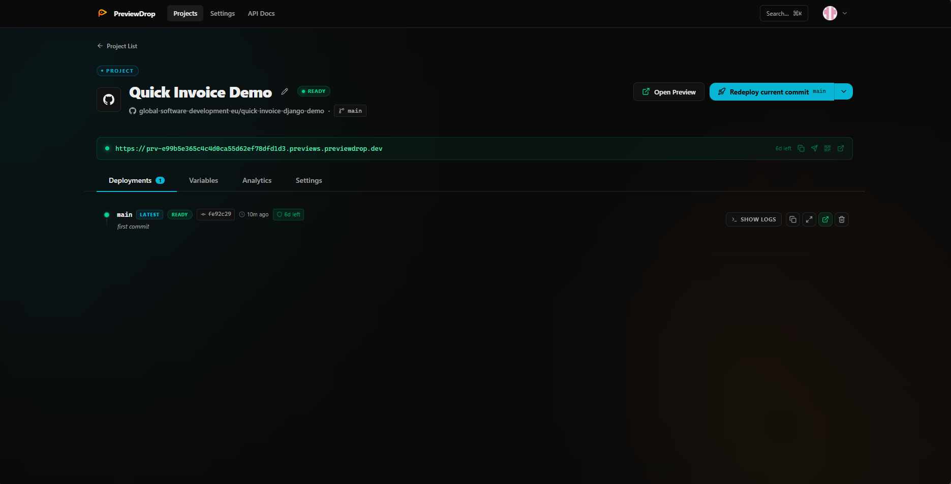Every deployment with commit, status, preview URL, and TTL.