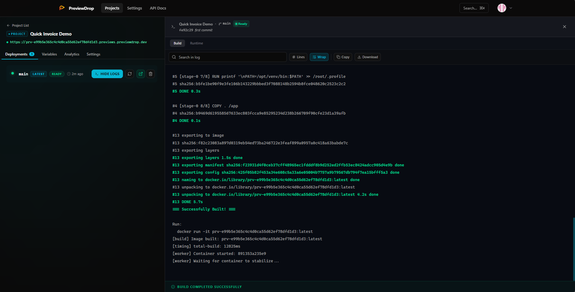 Build logs stream live over WebSocket — searchable, copyable, downloadable.