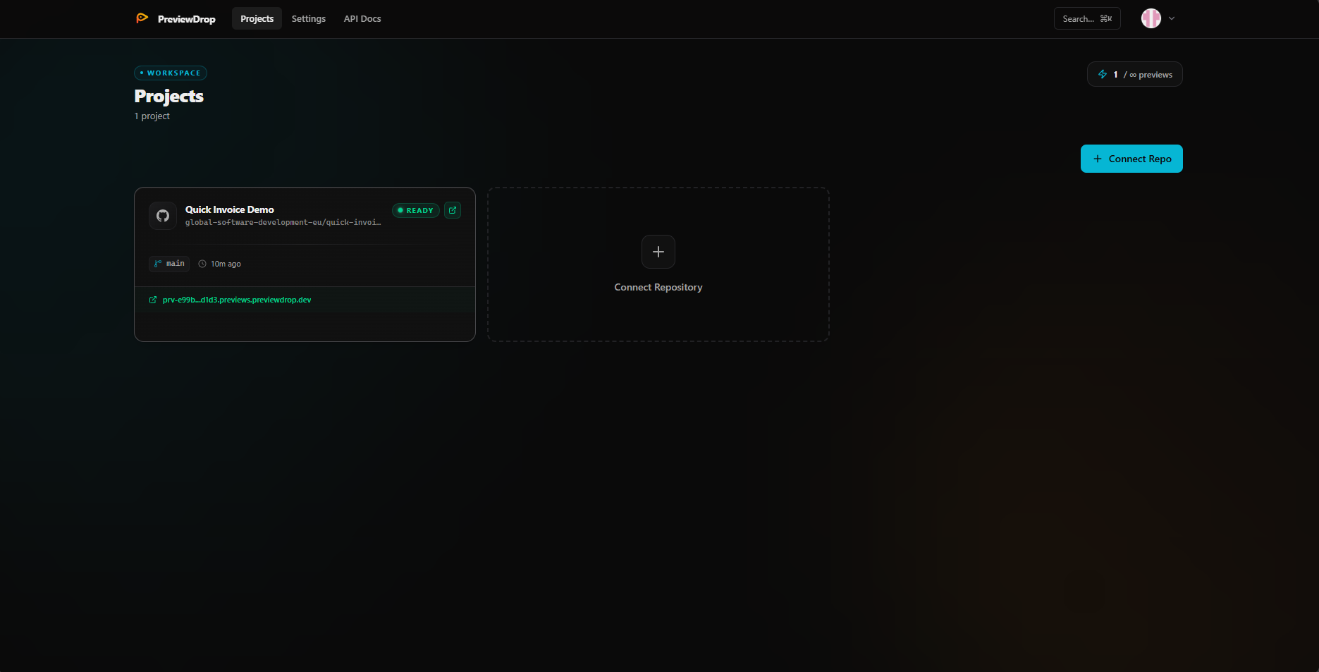 All your repos at a glance — live status, branch, last deploy.