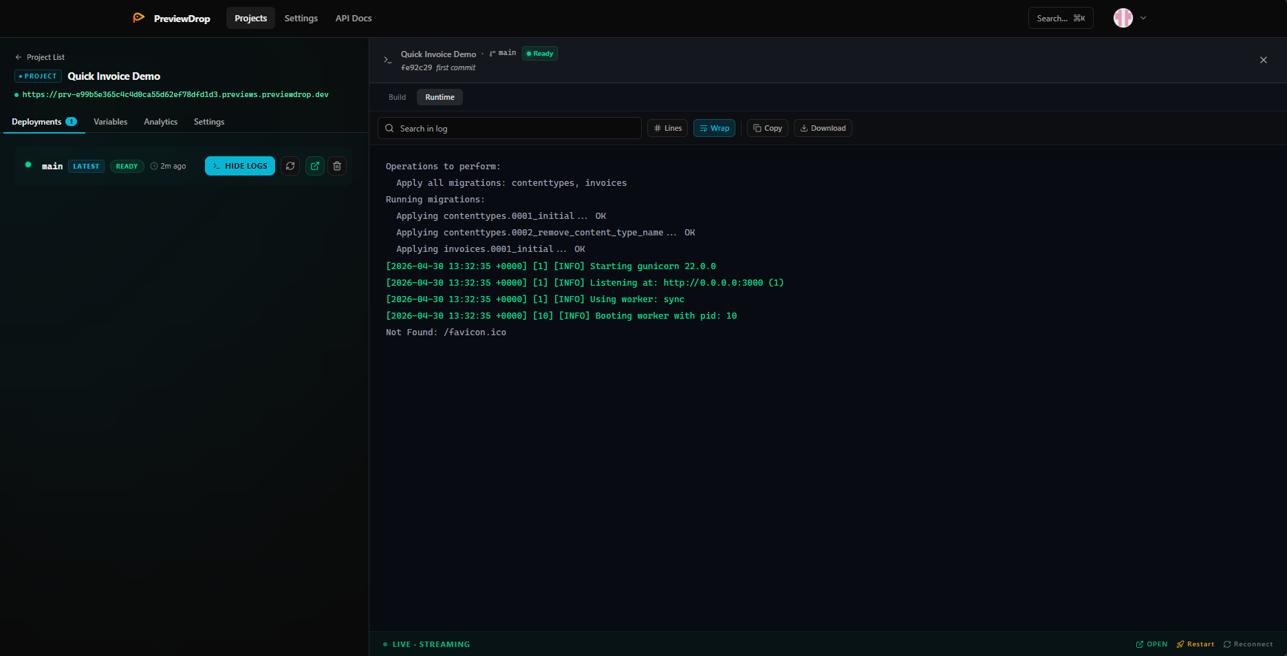 Runtime container logs — tail your app after it goes live.