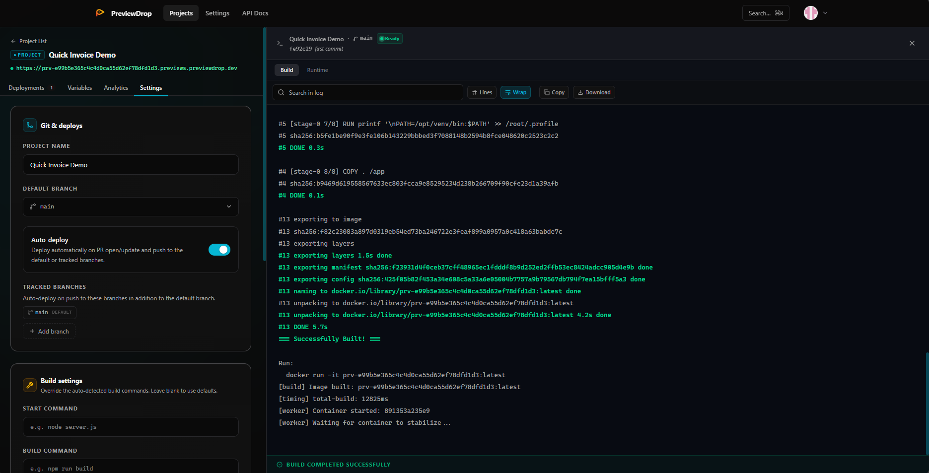 Branch tracking, build commands, TTL, preview password — all per project.