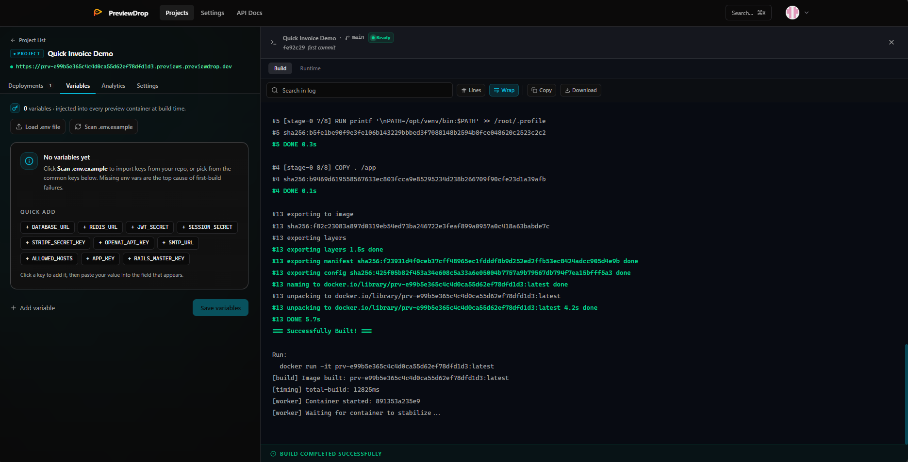 Inject secrets and env vars per project — encrypted at rest.